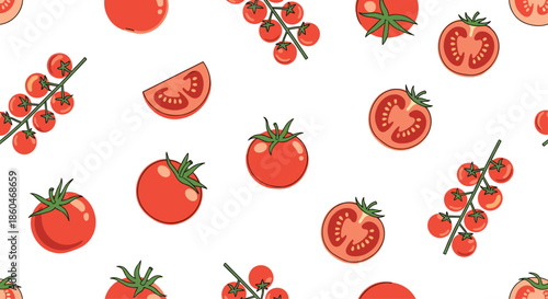 Seamless pattern of ripe red tomatoes featuring whole fruits, sliced halves, and clusters of cherry tomatoes on a crisp white background canvas.
