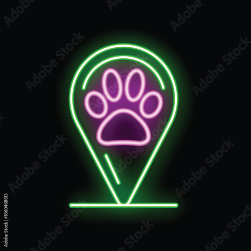 Glowing neon sign showing a location pin with a paw print inside, perfect for representing a pet friendly location