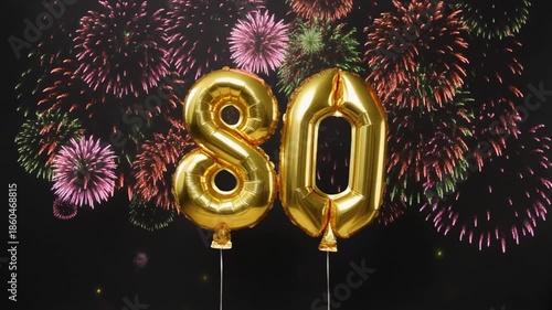 Gold balloon number 80 with fireworks in the background. Festive scene for birthday or anniversary party