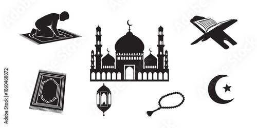 Islamic Religion Icon Silhouette Vector Set, Ramadan Mosque Quran Prayer Symbols Collection Isolated On White Background,Muslim prayer  icons black silhouette,Muslim prayer  icons black silhouette,pro