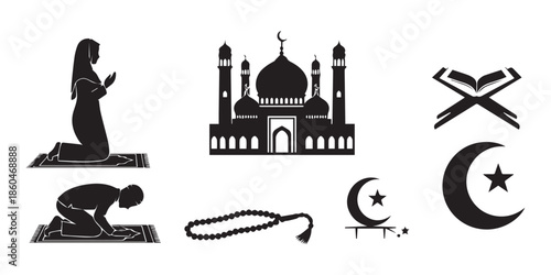 Islamic Religion Icon Silhouette Vector Set, Ramadan Mosque Quran Prayer Symbols Collection Isolated On White Background,Muslim prayer  icons black silhouette,Muslim prayer  icons black silhouette,pro