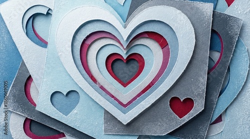 Intricate layered heart cutouts in shades of blue, red, and silver on a textured background