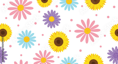 Colorful daisy and sunflower seamless pattern with cheerful floral blossoms scattered on white background for spring designs vector illustration