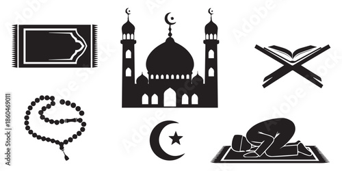 Islamic Religion Icon Silhouette Vector Set, Ramadan Mosque Quran Prayer Symbols Collection Isolated On White Background,Muslim prayer  icons black silhouette,Muslim prayer  icons black silhouette,pro