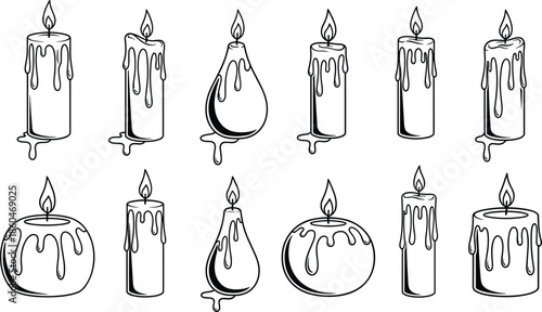 Set of candle line art illustrations with melting wax including pillar round and tapered shapes for home decor and spiritual lighting