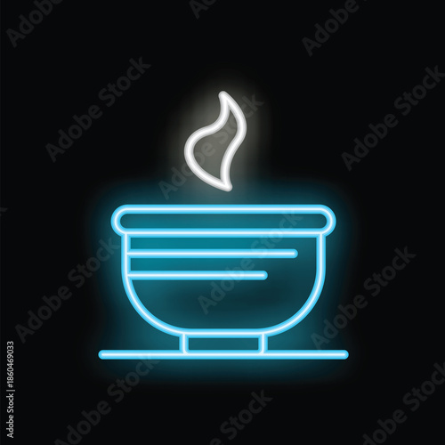 Neon sign of steaming hot bowl of soup on black background illustrating concept of warmth and comfort food