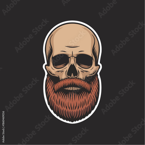Illustrated skull with red beard on dark background.