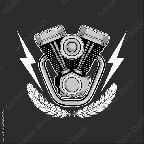 Industrial motorcycle engine emblem with wings and bolts.