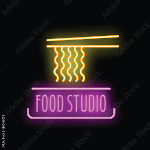 Neon glowing sign of chopsticks holding noodles over a food studio sign
