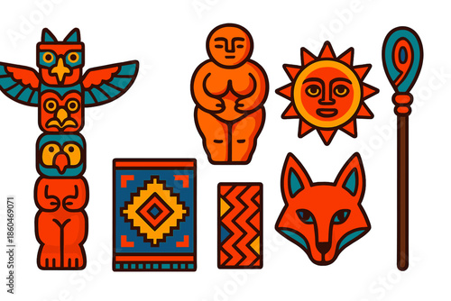Cultural Symbolism Icons. Isometric vector illustration set Symbolism in Culture: totem pole, fertility figurine, sun motif, woven