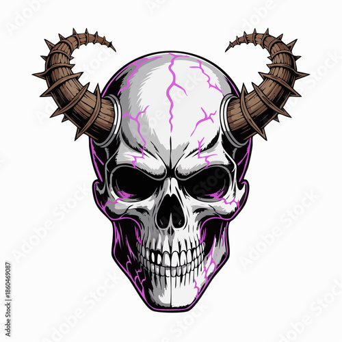 Menacing horned skull with purple veins illustration.