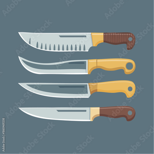 Set of Four Knives with Different Handles Displayed on Blue Background.