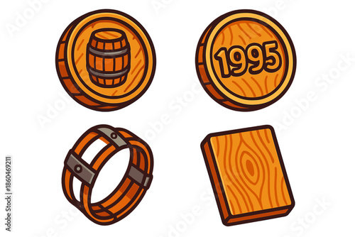 Vibrant Barrel Illustrations. Isometric vector illustration set Barrel Engraving Details: Cooperage stamp, vintage year carving,