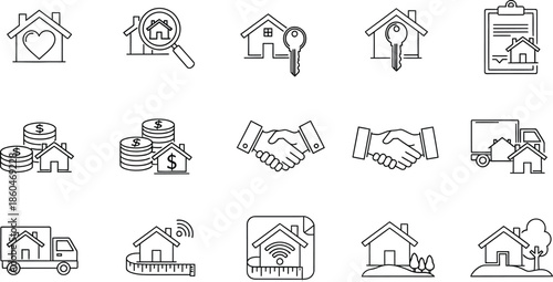 Collection of 12 black and white line icons related to real estate and construction
