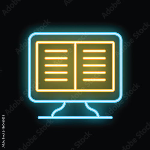 Glowing neon icon of an open book displaying on a computer monitor screen, representing online education or digital library