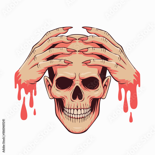 Skull with Gripping Hands and Dripping Red Fluid Illustration.