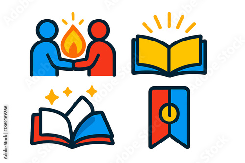 Mutual Insight Icons. Flat vector icons of mutual insight: two figures sharing glowing flame, open book reflecting light, turning