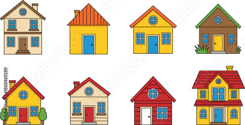 Colorful house icons collection with cute residential homes and building facades for real estate