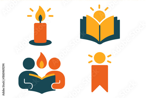 Minimalist Icon Collection. Flat vector icons of awakened comprehension: candle symbolizing discovery, pages turning under soft