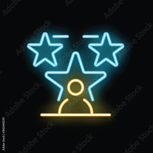 Neon icon of person surrounded by three stars representing feedback rating, great for customer satisfaction