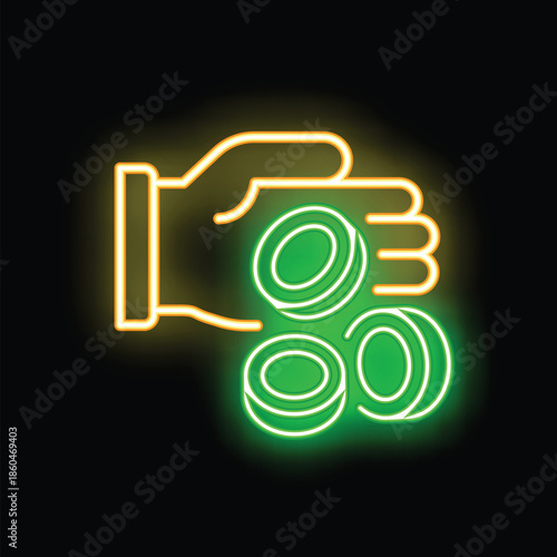 Neon sign depicting a hand holding three casino chips, illuminated against a dark background
