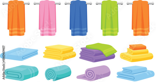 Colorful Towels Set Hanging And Folded Bathroom Textile Collection Cartoon Vector Illustration Isolated On White