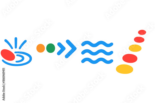 Dynamic Progress Icons. Flat vector icons of dynamic progress mapping: pebble splash initiating ripple path, circles evolving into