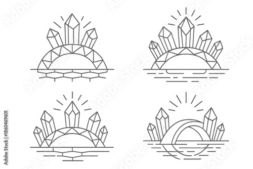 Crystal Bridge Icons. Line style icons of transparent crystal bridges: geometric bridge arcs, faceted crystal shapes, light ray