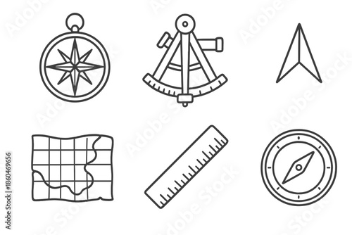 Vintage Navigation Instruments. Line style icons of traditional wayfinding instruments: vintage compass rose, sextant outline,