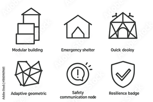 Disaster-Responsive Icons. Line style icons of disaster-responsive structures: modular building system, emergency shelter icon,
