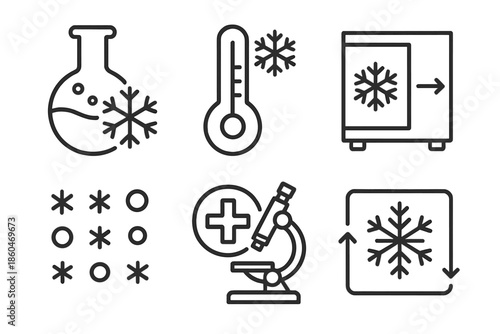 Cold-Climate Treatment Icons. Line style icons of cold-climate treatment developers: laboratory flask with snowflake, temperature