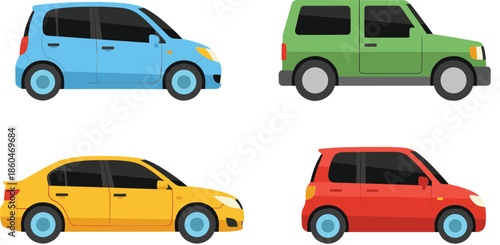 Compact city car icons collection with colorful modern vehicles for transportation and urban mobility concepts isolated on white background vector illustration