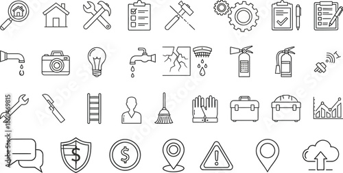 Collection of 25 line icons related to construction tools and industry