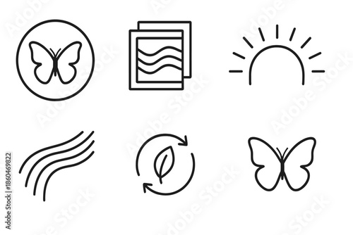 Transformation Gateway Icons. Line style icons of transformation gateway: open portal ring, butterfly silhouette crossing through,
