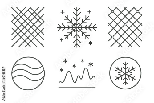 Winter Pattern Icons. Line style icons of winter balance patterns: interwoven ice lines, gentle flake overlay, reflective lattice