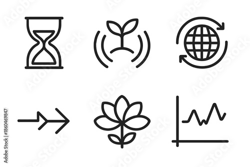 Temporal Growth Icons. Line style icons of temporal growth accelerators: hourglass stem icon, rapid bloom wave lines, energy cycle