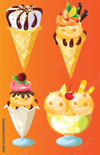 Assorted Gourmet Ice Cream Sundaes and Cones Illustration, ideal for parlor advertisements, recipe blogs, or summer promotional materials