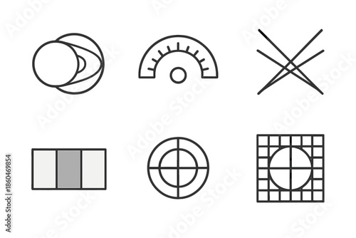 Umbra Measurement Icons. Line style icons of umbra measurement tools: eclipse shadow outline, calibrated ruler arcs, overlapping