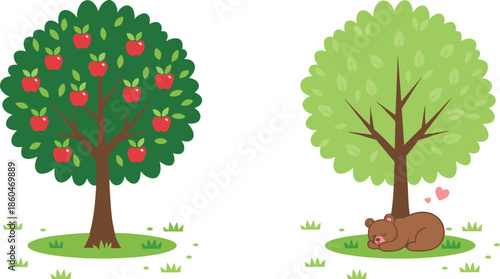 Cute apple tree and green tree illustration with sleeping bear for nature, forest, and wildlife concepts isolated on white background vector design