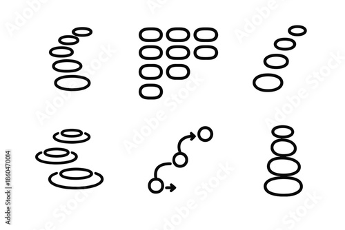 Stepping Stones Icons. Line style icons of stepping stones as task milestones: sequential stone path, progress stepping grid,
