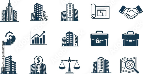 Business and law icons set including buildings handshake documents and scales