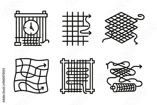 Historical Threads Icons. Line style icons of historical threads on temporal looms: time-thread loom, woven chronology grid,