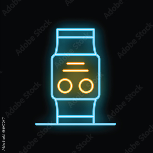 Bright neon icon of a smart watch showing time and battery status on a dark background