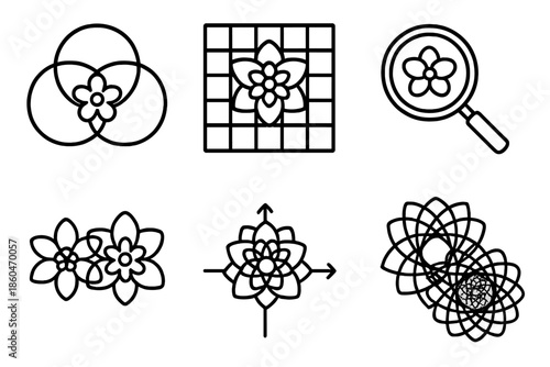 Floral Line Icons. Line style icons of floral superposition observers: overlapping bloom diagram, layered petal grid, dual-flower