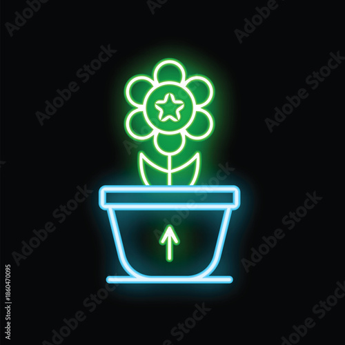 Glowing neon icon of a blooming flower in a pot, representing concepts of personal growth, development and potential