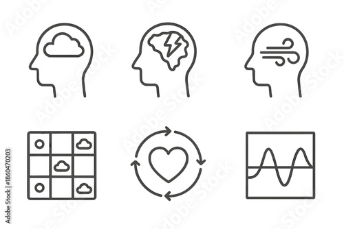 Cognitive Weather Icons. Line style icons of cognitive weather systems: thought cloud overlay, memory storm map, feeling wind flow