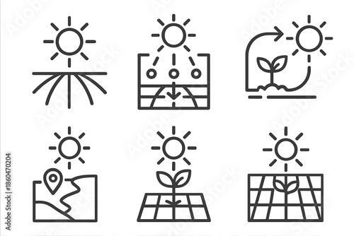 Star-Nourished Crop Icons. Line style icons of star-nourished crops: radiant star beam over field, light absorption nodes, stellar