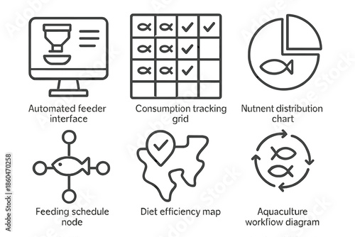 Feeding System Icons. Line style icons of feeding optimization systems: automated feeder interface, consumption tracking grid,