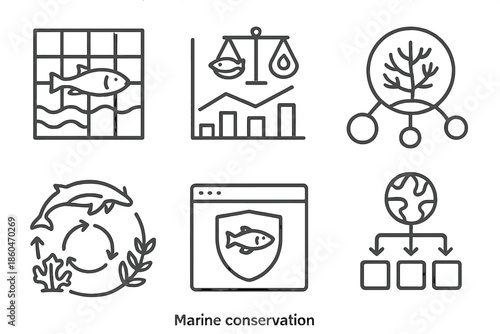 Marine Conservation Icons. Line style icons of marine conservation systems: protected area grid, population balance chart, habitat