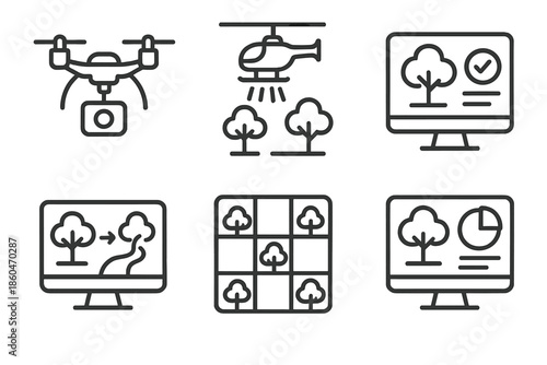 Forest Canopy Research Tools. Line style icons of forest canopy research tools: drone-mounted sensor module, aerial vegetation